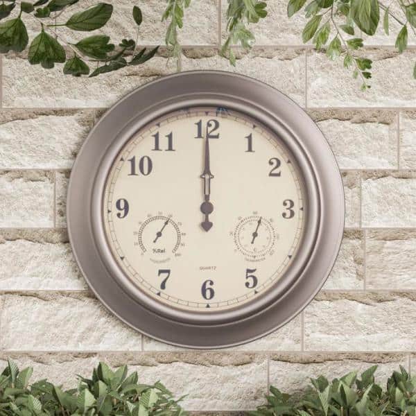 Earth Worth Indoor/Outdoor Copper 18 Wall Clock with Waterproof Thermometer and Hygrometer, Brown