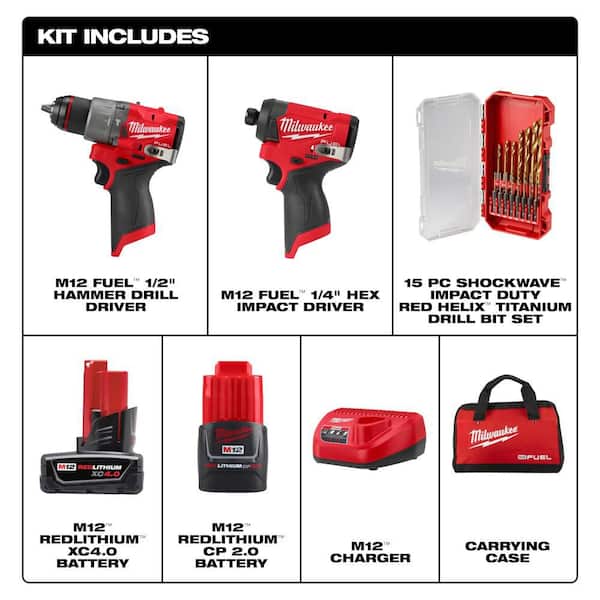 M12 FUEL 12-Volt Cordless Hammer Drill/Impact Driver Combo Kit (2-Tool) W/ Impact Duty Titanium Drill Bit Set (15-Piece)
