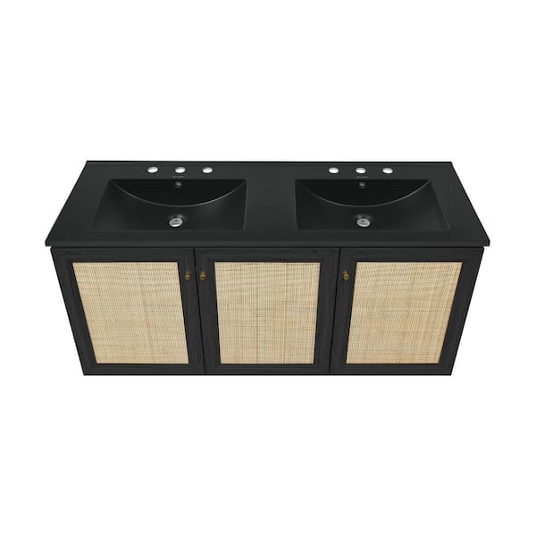 Classe 48 in. Wall-Mounted Bath Vanity in Black Oak with Black Ceramic 3-Hole Widespread Double Basin Sink Top