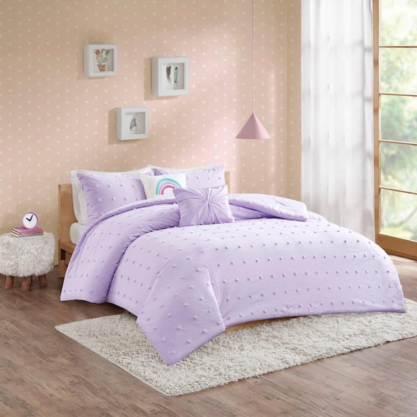 Intelligent Design Kids Ensley 5-Piece Lavender 100% Cotton Full/Queen Jacquard Pom Pom Kids Comforter Set