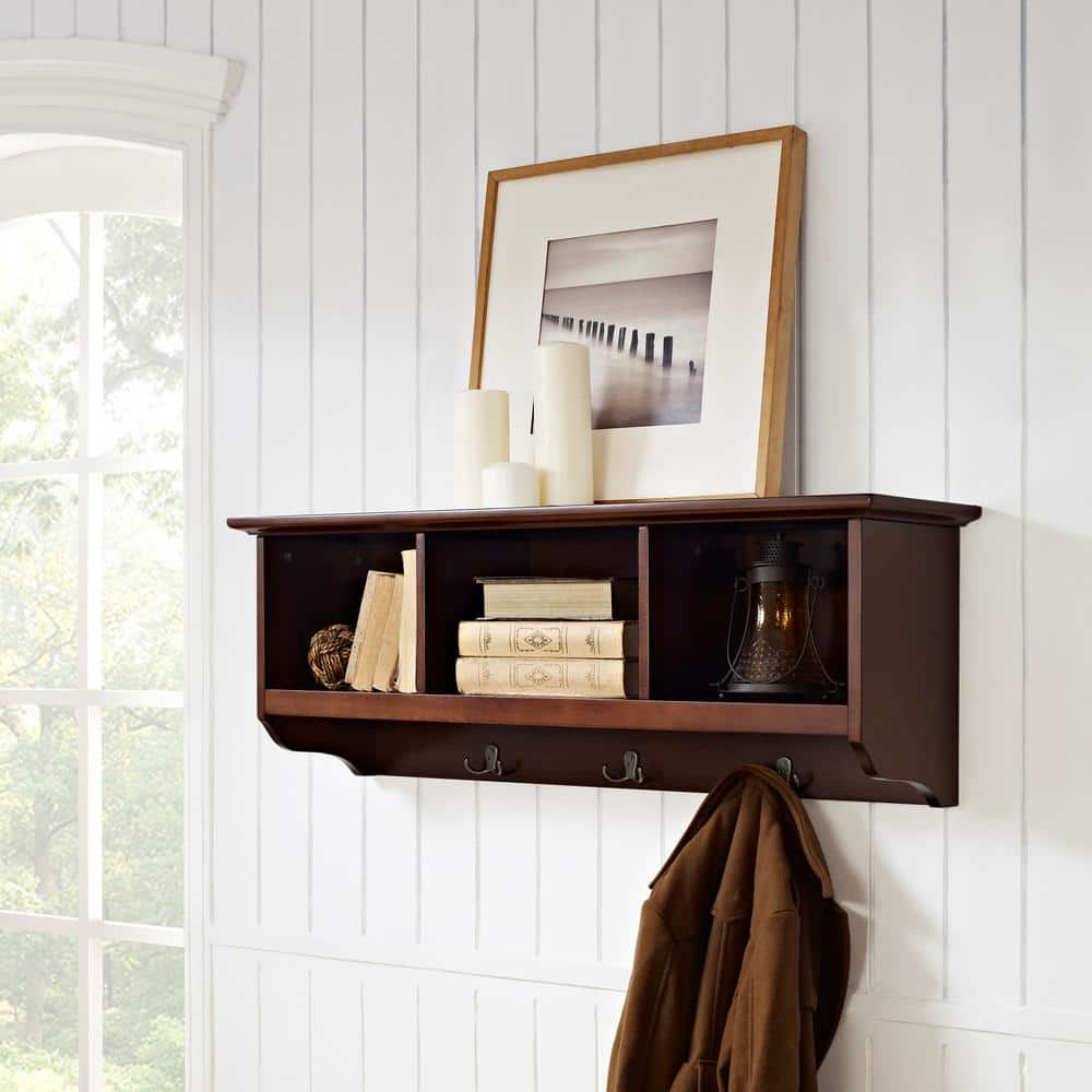 Elegant Mahogany Wood Wall-Mounted Coat Rack with Storage Cubbies
