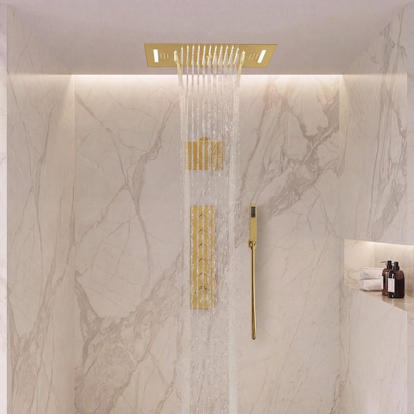 Thermostatic 5-Spray 23x15 in. Ceiling Mount LED Bluetooth Music Dual Fixed and Handheld Shower Head in Brushed Gold