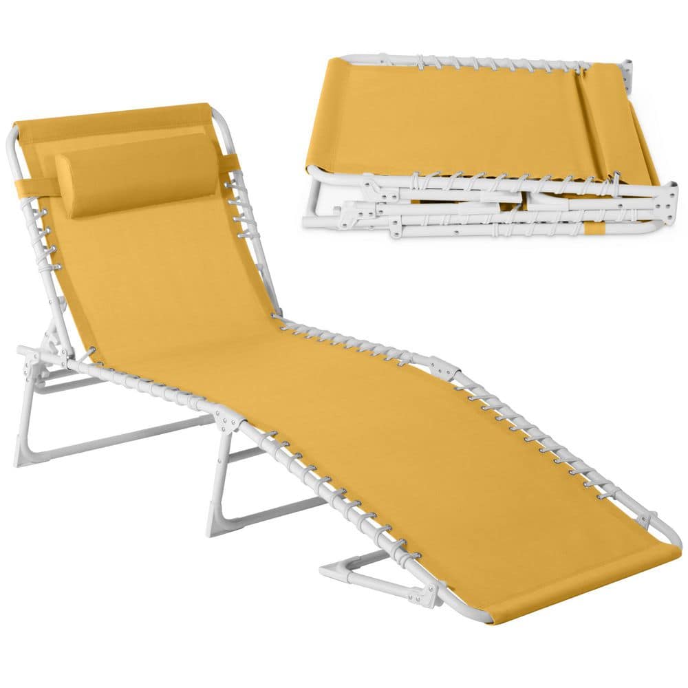 Metal Outdoor Chaise Lounge Chair, Portable Adjustable Folding Patio Recliner with Pillow in Marigold price history on PriceWatchPro