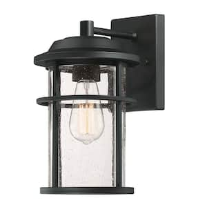 13.2 in. 1-Light Black Outdoor Wall Lantern Sconce With Seeded Glass Shade