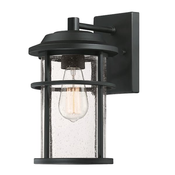 Pia Ricco 13.2 in. 1-Light Black Outdoor Wall Lantern Sconce With Seeded Glass Shade
