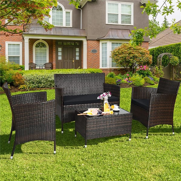 4-Piece Rattan Patio Furniture Set Cushioned Sofa Chair Coffee Table Black
