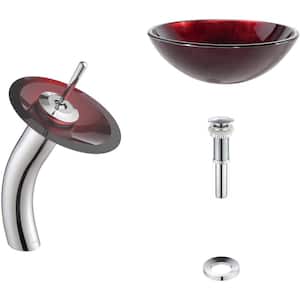 Irruption Glass Vessel Sink in Red with Single Hole Single-Handle Low-Arc Waterfall Faucet in Chrome