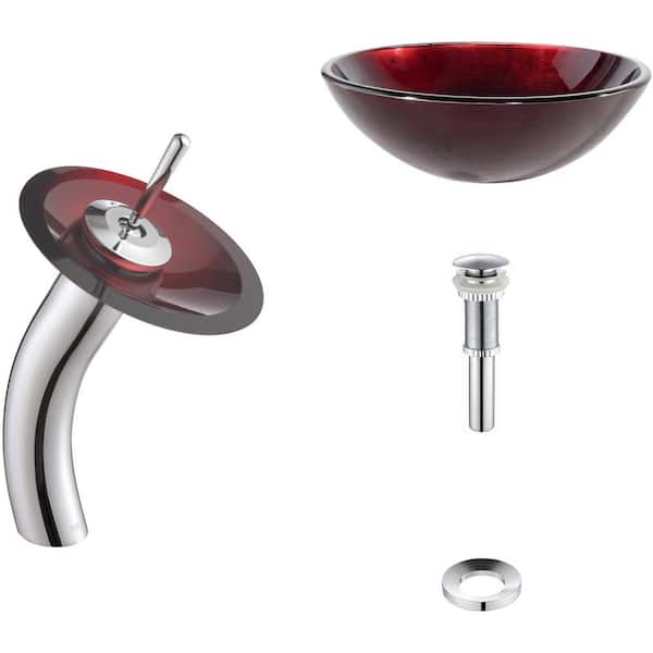 KRAUS Irruption Glass Vessel Sink in Red with Single Hole Single-Handle Low-Arc Waterfall Faucet in Chrome