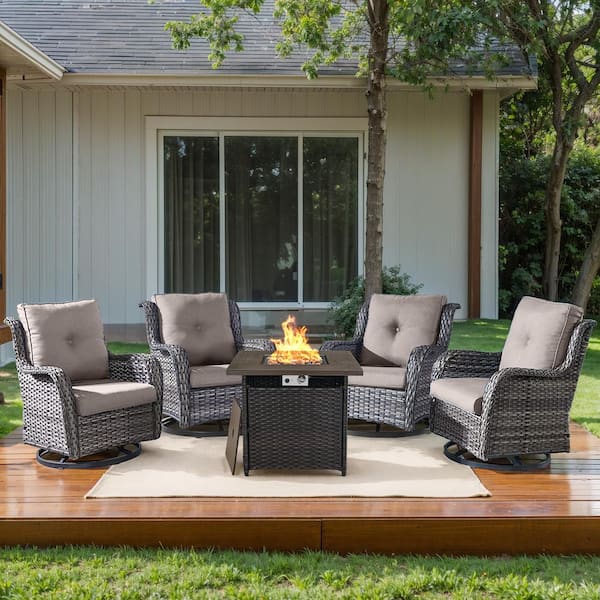 5-Piece Gray Wicker Fire Pit Conversation Set with Olefin Gray Cushions and Swivel Glider Rocking Chairs