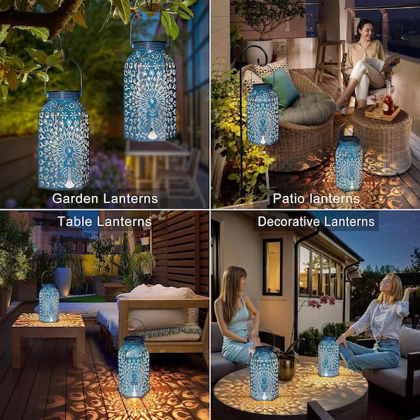 OGETFUUR 2-Pack Outdoor Blue Gold Solar Lanterns, Waterproof