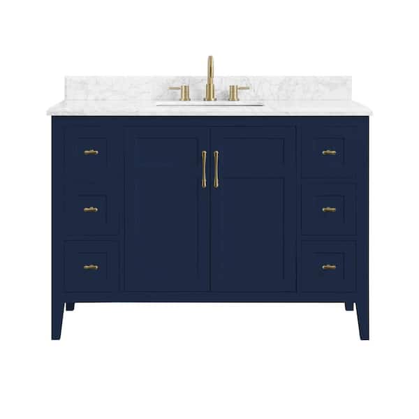 Sturgess 49 in. W x 22 in. D x 35 in. H Single Sink Freestanding Bath Vanity in Navy Blue with Carrara Marble Top