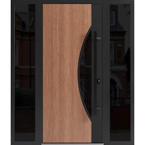 1077 60 in. x 80 in. Left-hand/Inswing 2 Sidelight Tinted Glass Teak Steel Prehung Front Door with Hardware