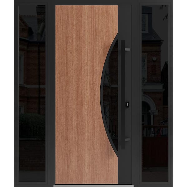 VDOMDOORS 1077 68 in. x 80 in. Left-hand/Inswing 2 Sidelight Tinted Glass Teak Steel Prehung Front Door with Hardware