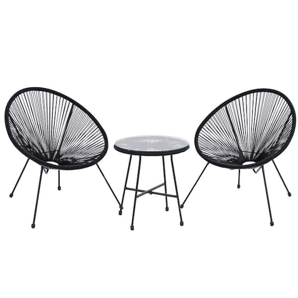 WELLFOR Black 3-Piece Wicker Patio Conversation Set Egg Chair Set