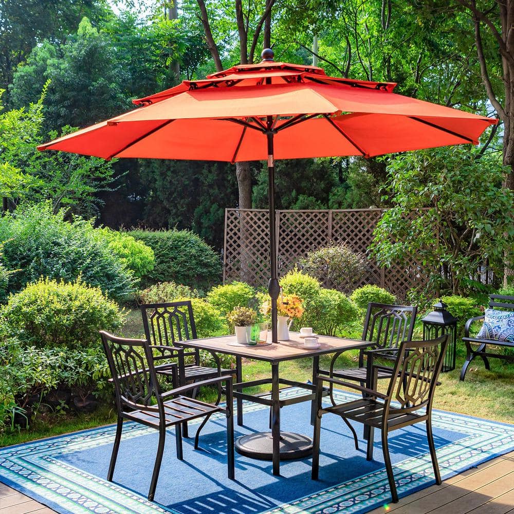 Black 6 Piece Metal Square Patio Outdoor Dining Set with Wood Look Table Red Umbrella and Fashion Stackable Chairs