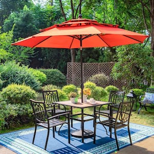 Black 6-Piece Metal Square Patio Outdoor Dining Set with Wood-Look Table, Red Umbrella and Fashion Stackable Chairs
