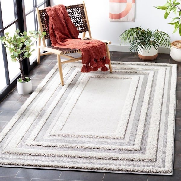 Cottage Ivory/Gray 7 ft. x 7 ft. High-Low Border Indoor/Outdoor Square Area Rug
