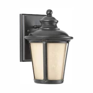 Cape May 1-Light Burled Iron Outdoor 10.5 in. Wall Lantern Sconce w/Amber Tint Etched Hammered Glass and LED Bulb
