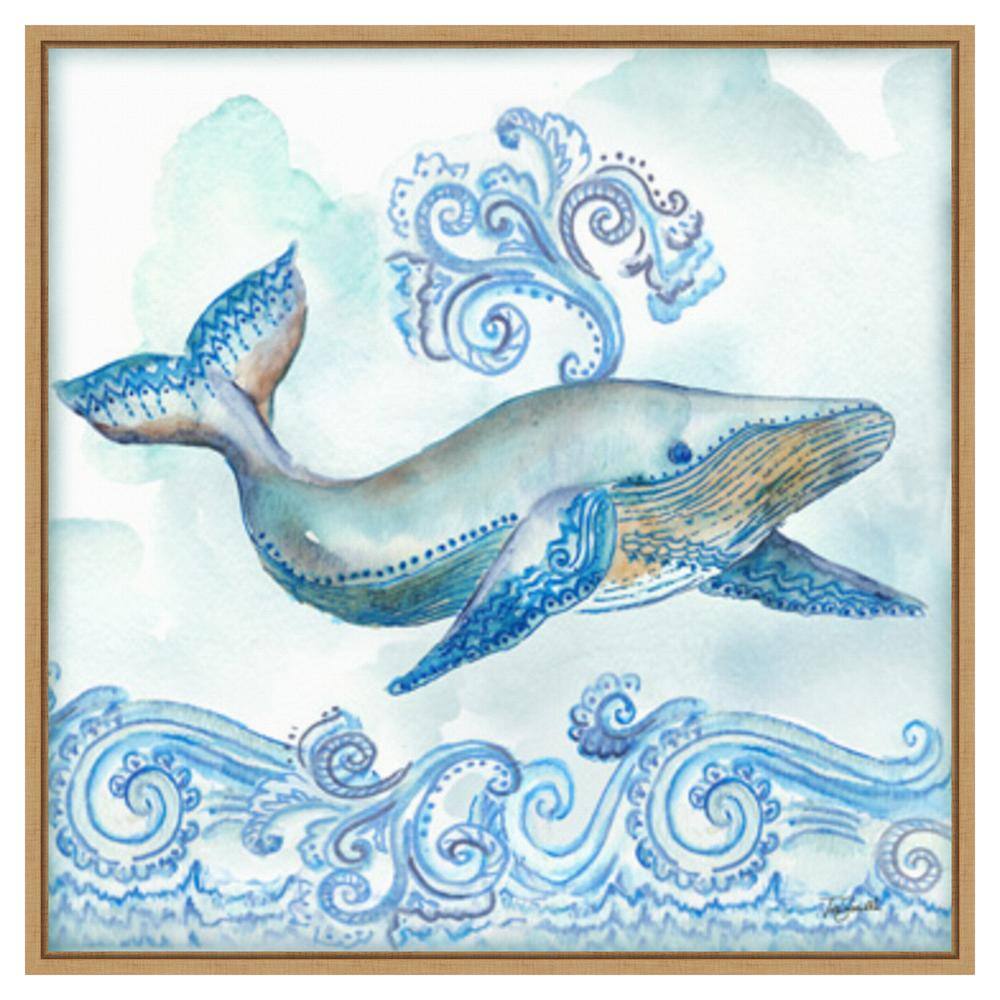 Boho Shells II Whale Blue Canvas Print with Maple Frame