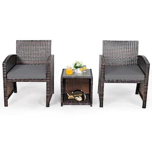 3-Pieces Rattan Patio Conversation Furniture Set Yard Outdoor with Grey Cushions