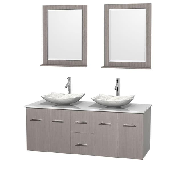 Wyndham Collection Centra 60 in. Double Vanity in Gray Oak with Solid-Surface Vanity Top in White, Carrara Marble Sinks and 24 in. Mirror