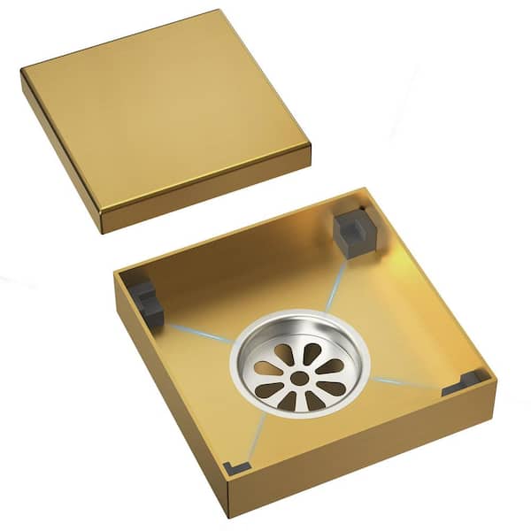 4 in. Square Shower Drain Stainless Steel with Hair Strainer, Fast Drainage in Brushed Gold