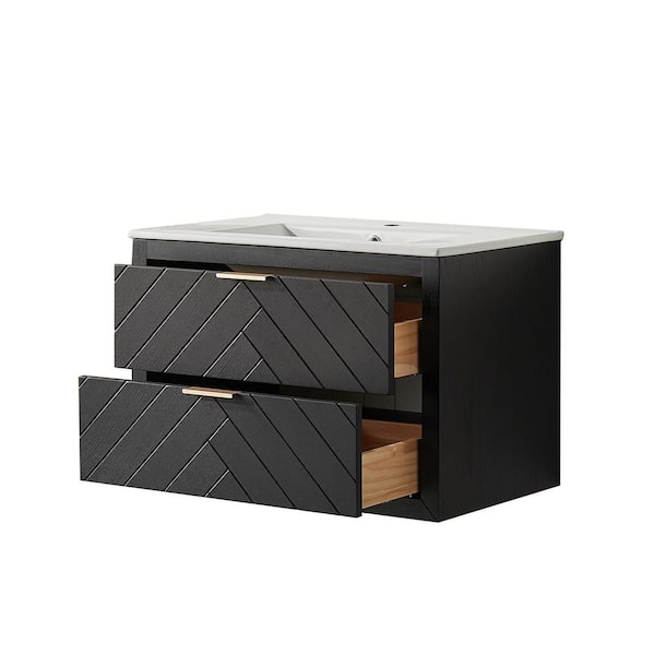 30 in. Single Sink Wall Mounted Black Bath Vanity with White Ceramic Top Full Assembled, Soft-Close