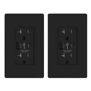 25-Watt 20 Amp Type A & C Dual USB Wall Charger with Duplex Tamper Resistant Outlet Wall Plate Included, Black (2-Pack)