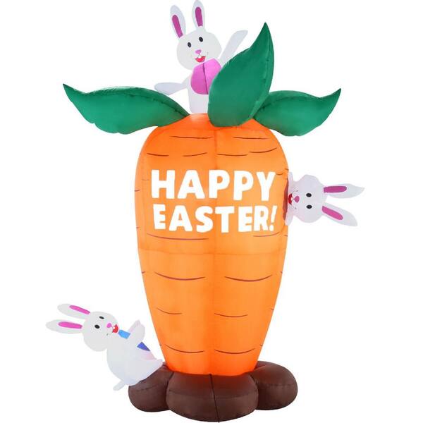 Joyfy 6 ft. Tall Multi-Colored Nylon Indoor Outdoor Easter Bunnies and Carrot Inflatable with Built-In LED Lights, Lawn Decor