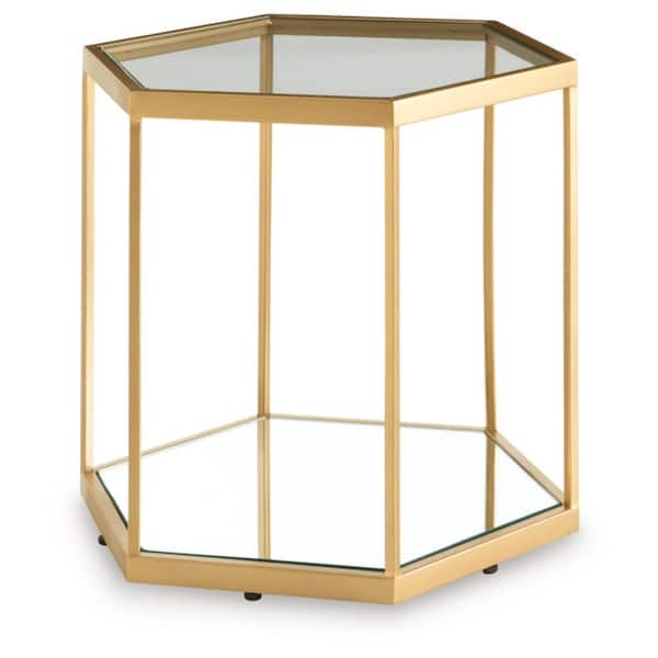 Signature Design By Ashley Veerwick 18 in. Gold Hexagon Glass Coffee Table with Mirrored