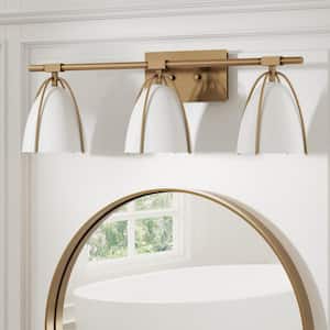 Aubrey 29 in. 3-Light Gold Bathroom Vanity Light Fixture with Gold Metal Frame and White and Cage Shades