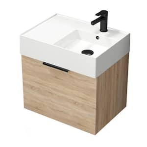 Derin 23.6 in. W x 17.3 in. D x 25.19 in. H Modern Bathroom Vanity in Brown Oak With White Ceramic Top