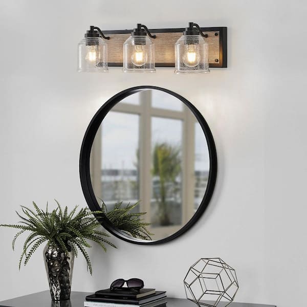 23 in. 3-Light Black Farmhouse Vanity Light Fixture with Brown Faux Wood Accent and Seeded Glass Shades