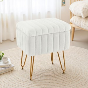 White Faux Fur Soft Padded Rectangular Accent Small Ottoman Vanity Stool Chair with Storage and 4 Metal Legs