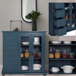 Teal Blue Wood 36 in. Kitchen Cabinet Storage Sideboard with Glass Door and 4-Drawers