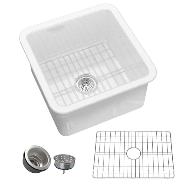 Zeafive Ale 18 in. White Bar Sink Drop-in / Undermount Dual Mount Fireclay Farm Kitchen Sink Single Bowl with Grid and Drain