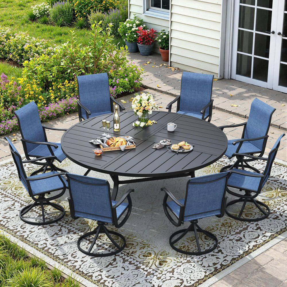 9-Piece Metal Outdoor Patio Dining Set with 59.8 in. Black Round Dining Table and 8 Blue Textilene Swivel Dining Chairs price history on PriceWatchPro