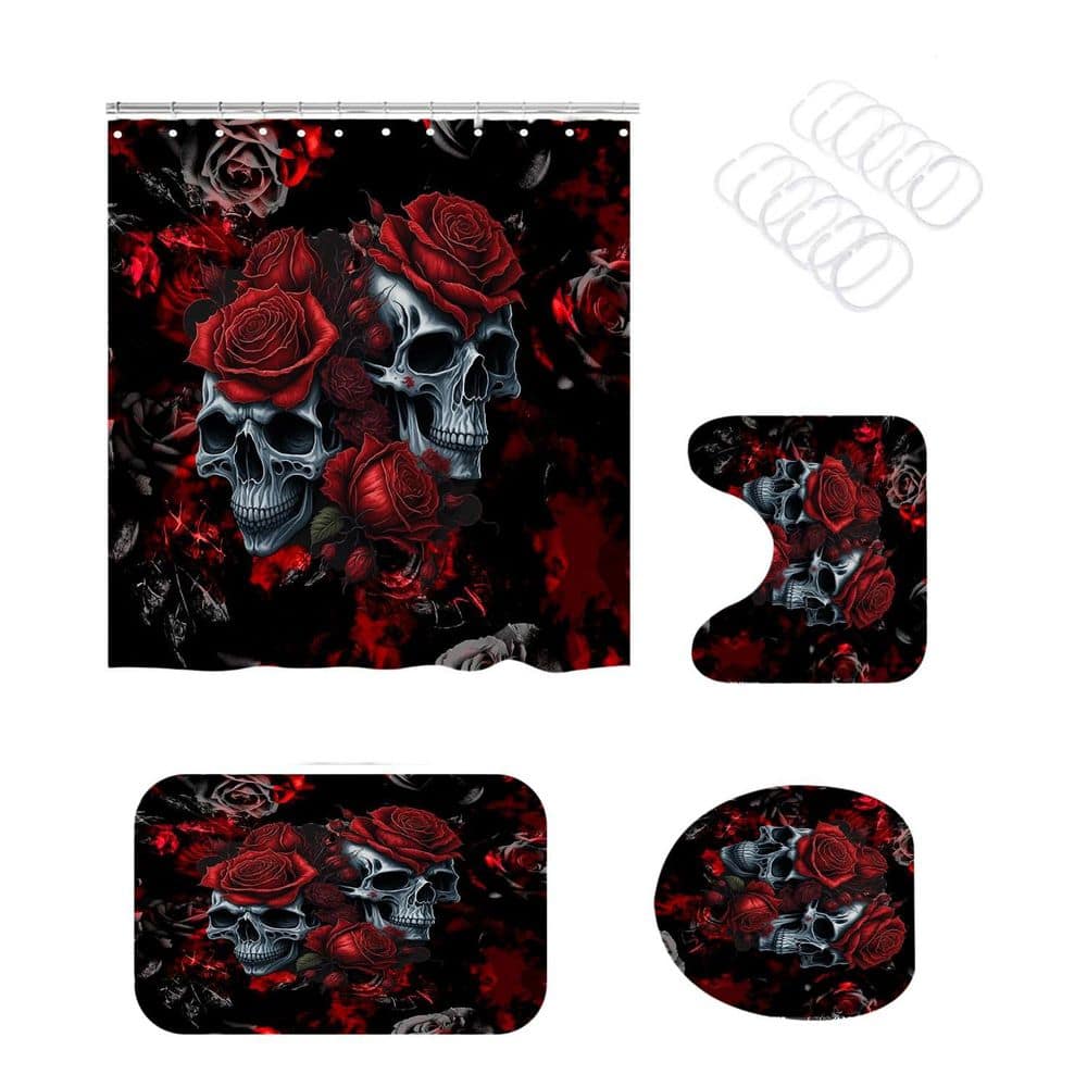 4-Piece 72 in. W x 72 in. L Halloween Skull Shower Curtain Set in Red Black with Rug, Mat, Toilet Lid Cover and Hooks price history on PriceWatchPro