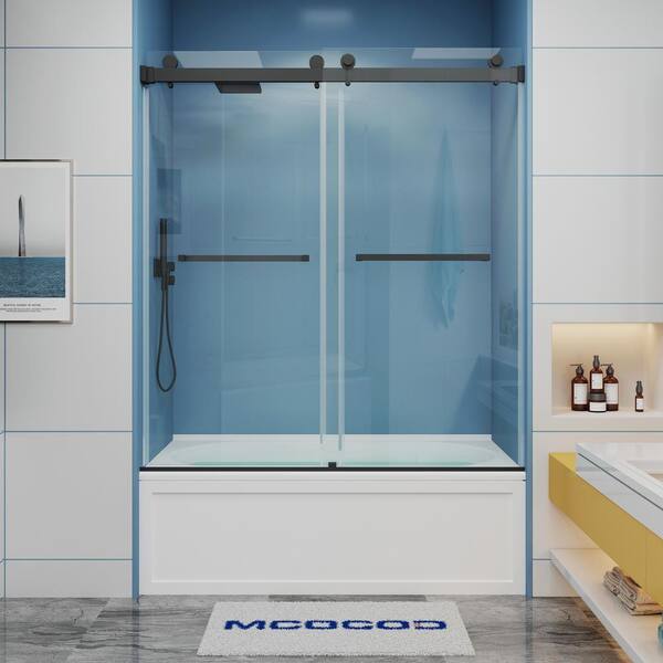 MCOCOD 60 in. W x 60 in. H Double Sliding Frameless Tub Door in Matte Black with Smooth Sliding