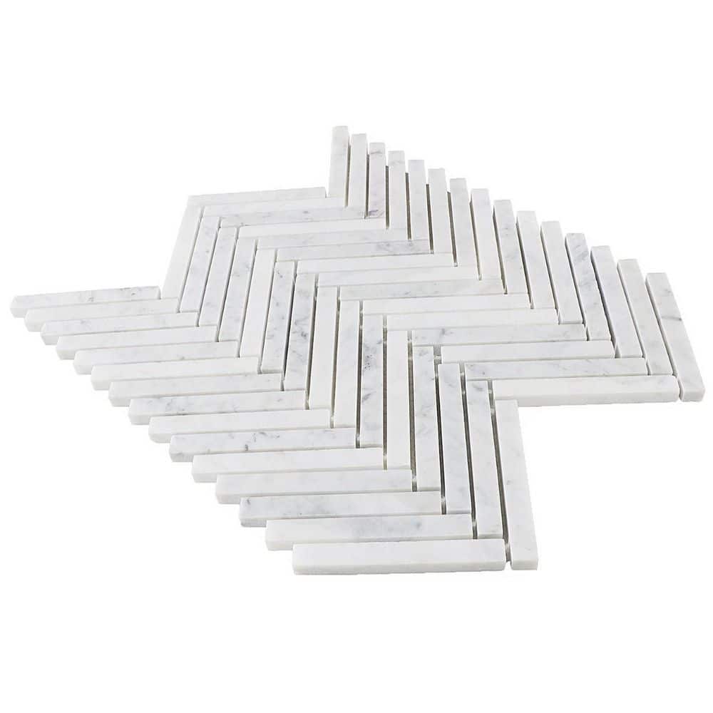 Carrara White Polished Marble Herringbone Mosaic Tile