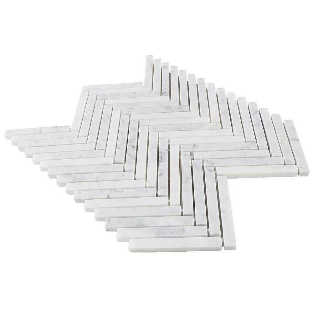 Carrara White Polished Marble Herringbone Mosaic Tile