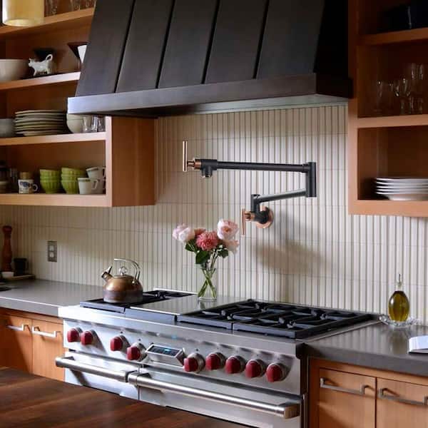 Brass Wall Mount Pot Filler with 2 Handles and Double Joint Swing Arms Folding Kitchen Faucet in Rose Gold and Black