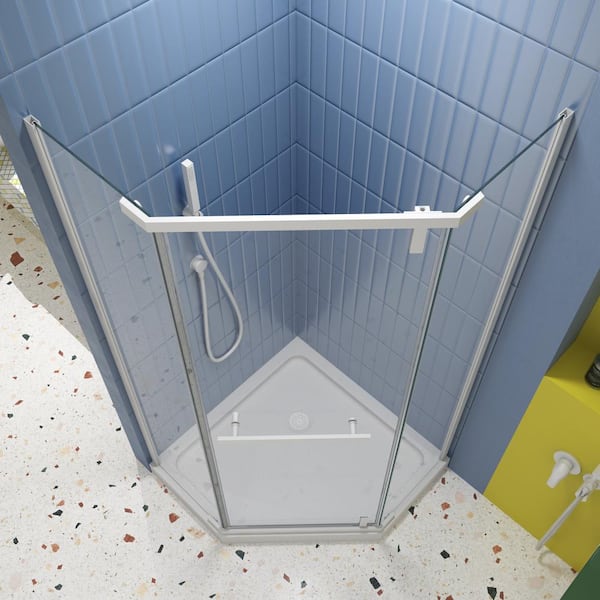 WELLFOR 35.56 in. W x 72 in. H Neo Angle Pivot Frameless Corner Shower Enclosure in Matte White (Base Not included)