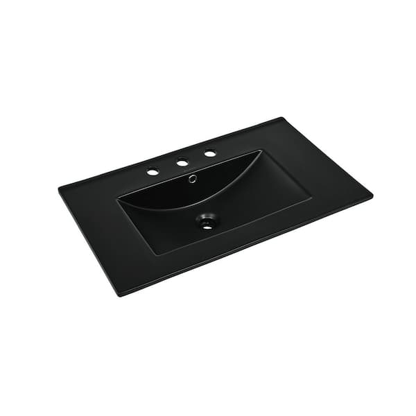 30 in. W x 18.5 in. D 3-Hole Widespread Ceramic Vanity Top Sink in Glossy Black