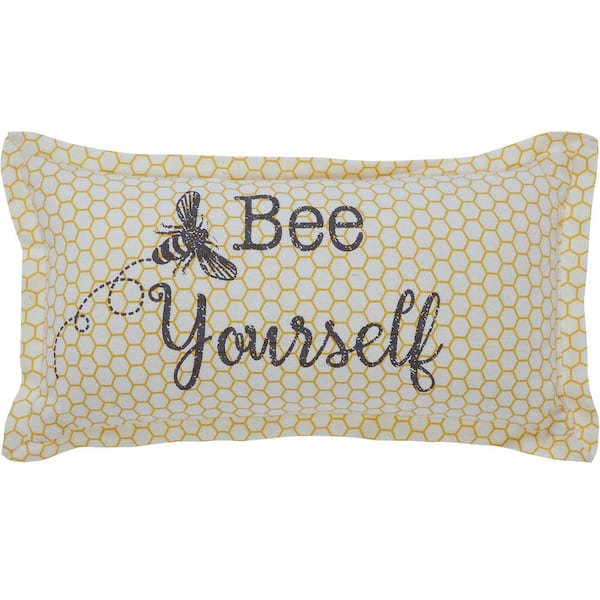 VHC BRANDS Buzzy Bees Yellow Antique White Grey Bee Yourself 7 in. x 13 in. Throw Pillow