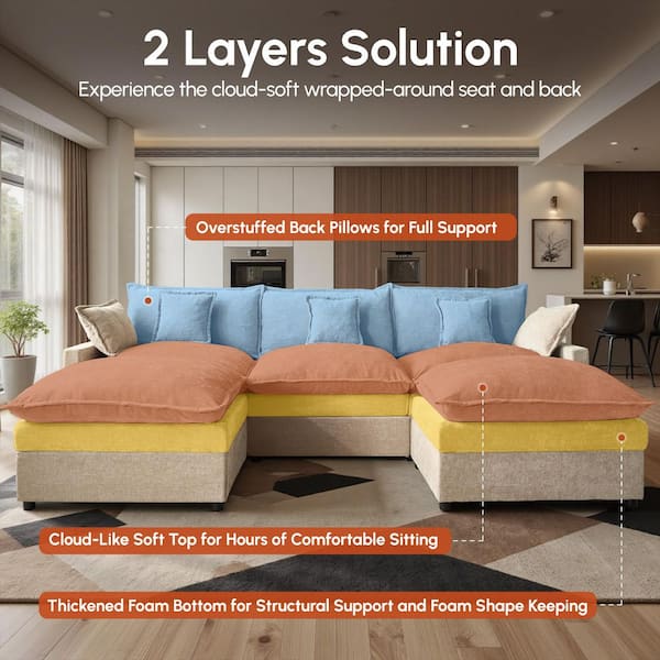 YC 107 in. Wide Arm 3-Piece Modern Chenille U-Shape Modular Sectional Sofa in Camel with 2 Ottomans