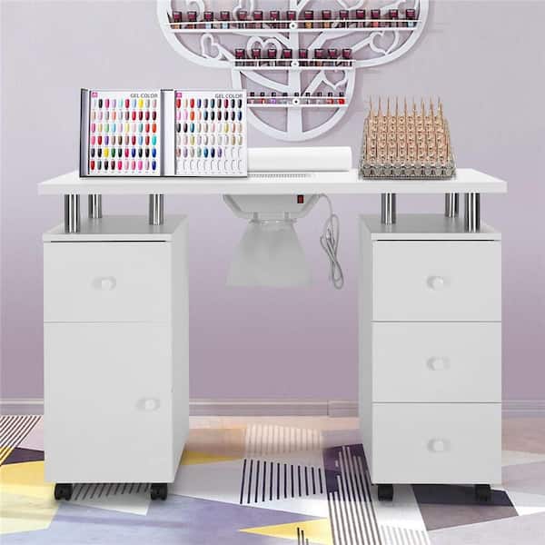 42.5 in. Rectangular White MDF 3-Drawer Manicure Table Nail Desk with Storage, Doors, Electric Dust Collector