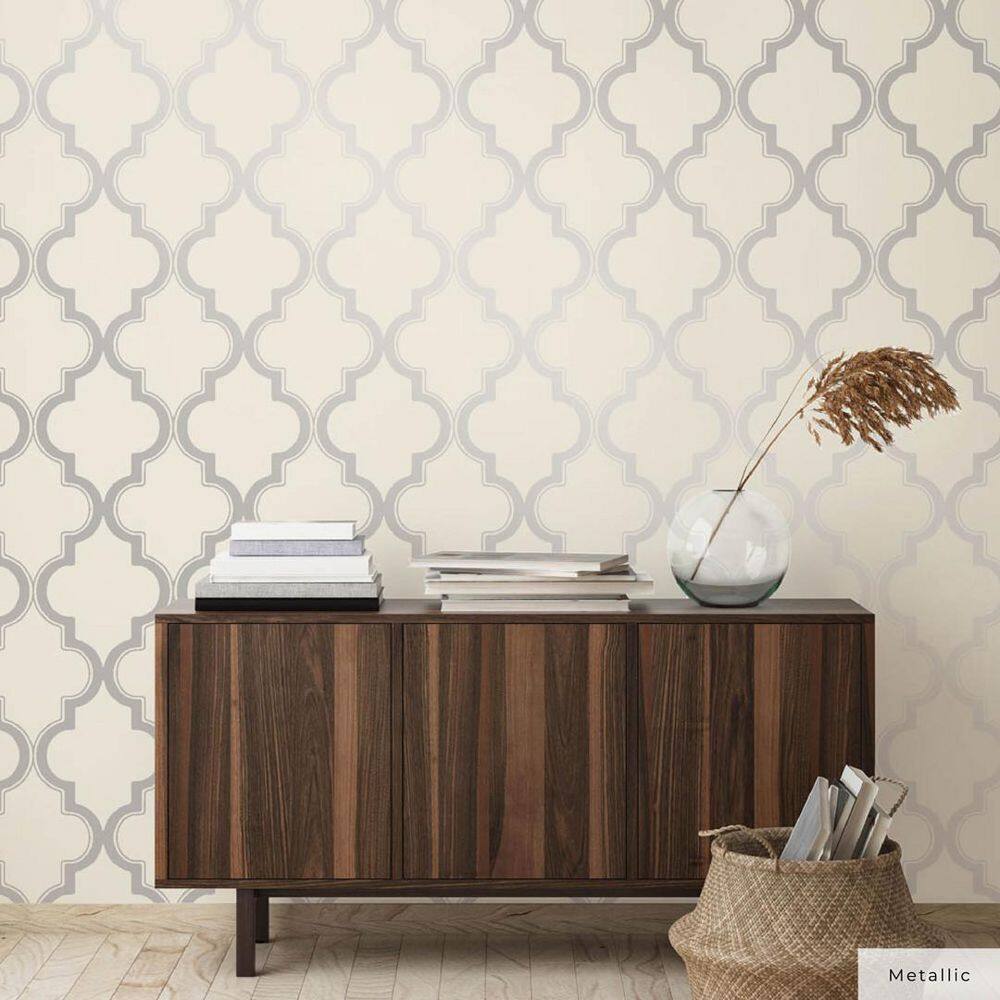 Cream and Metallic Silver Vinyl Peel and Stick Wallpaper Roll