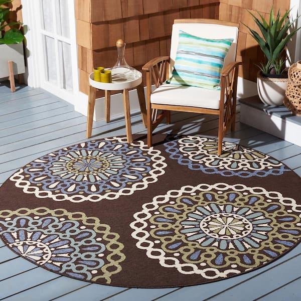 Veranda Chocolate/Blue 5 ft. x 5 ft. Geometric Floral Indoor/Outdoor Patio  Round Area Rug