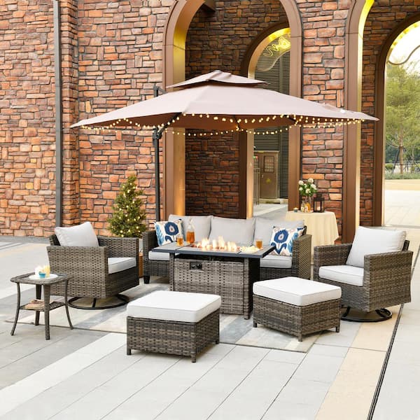 OVIOS New Star Gray 7-Piece Wicker Patio Rectangle Fire Pit Conversation Set with Gray Cushions and Swivel Chairs